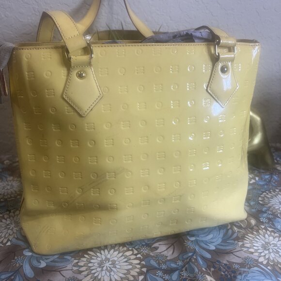 Project Bag-Arcadia Italian Handbag Embossed Patent Leather Satchel Yellow Tote - Picture 4 of 16